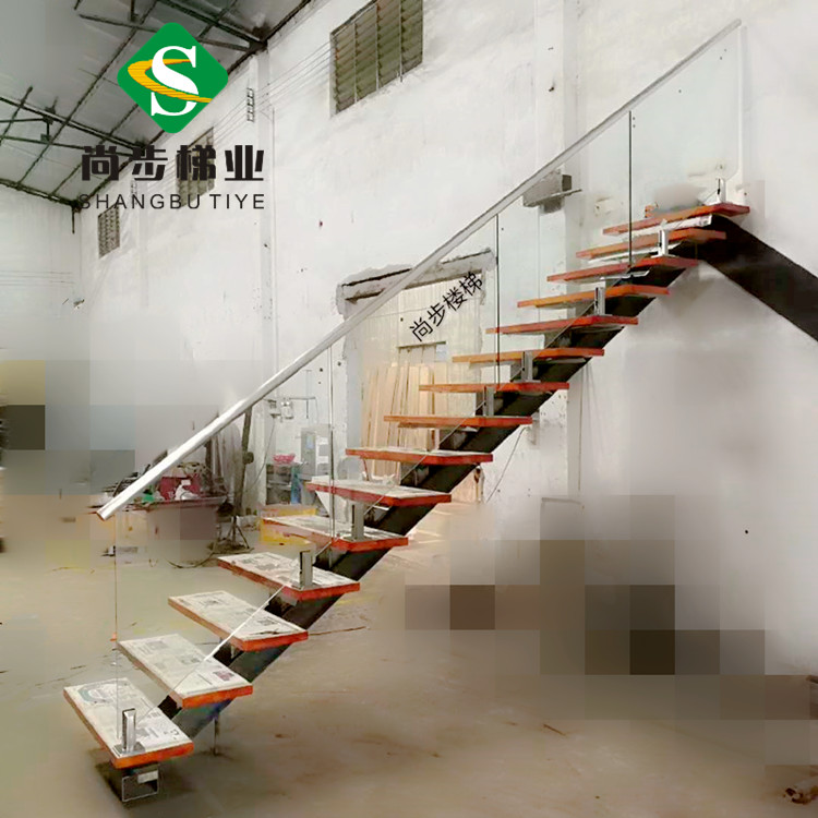 佛山尚步梯业定制生产玻璃护栏不锈钢扶手 复式楼阁楼 钢木楼梯