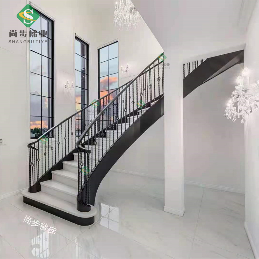 广东佛山尚步梯业厂家定制生产钢结构弧型楼梯铁艺护栏大理石踏板
