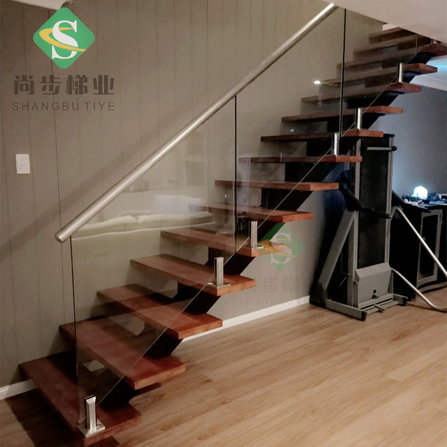 佛山尚步梯业定制生产玻璃护栏不锈钢扶手 复式楼阁楼 钢木楼梯