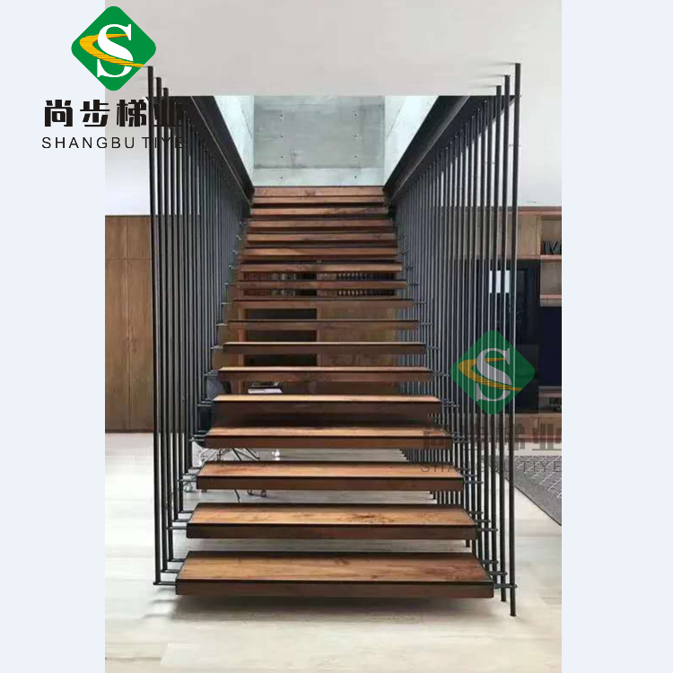 直线式钢木楼梯不锈钢绳索护栏家用楼梯酒店会所工程楼梯